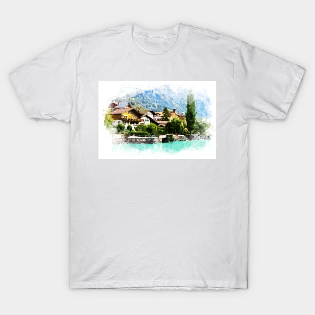 Swiss Alps Watercolor Mountains Landscape Art / Switzerland T-Shirt by Naumovski